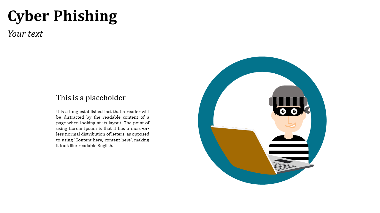 Right aligned illustration of a masked hacker at a laptop inside a teal ring, with descriptive text on white background.