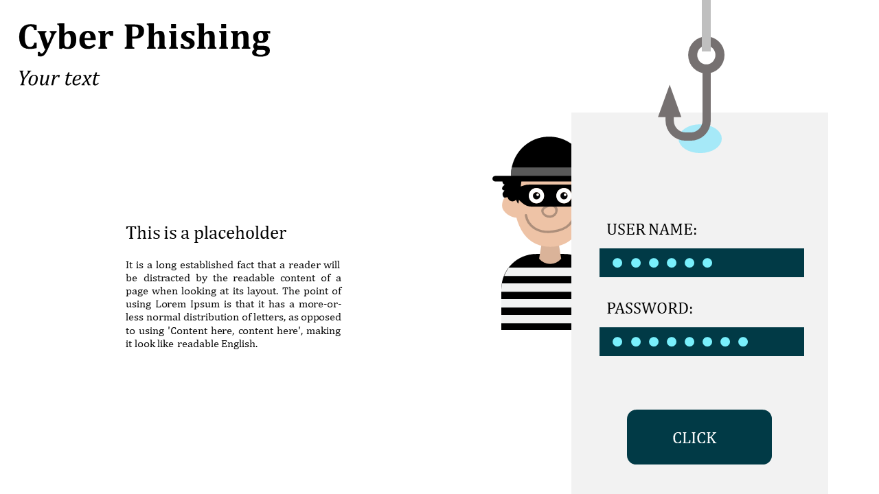 Right side login panel with masked input fields hangs from a hook beside a cartoon thief in black and white.