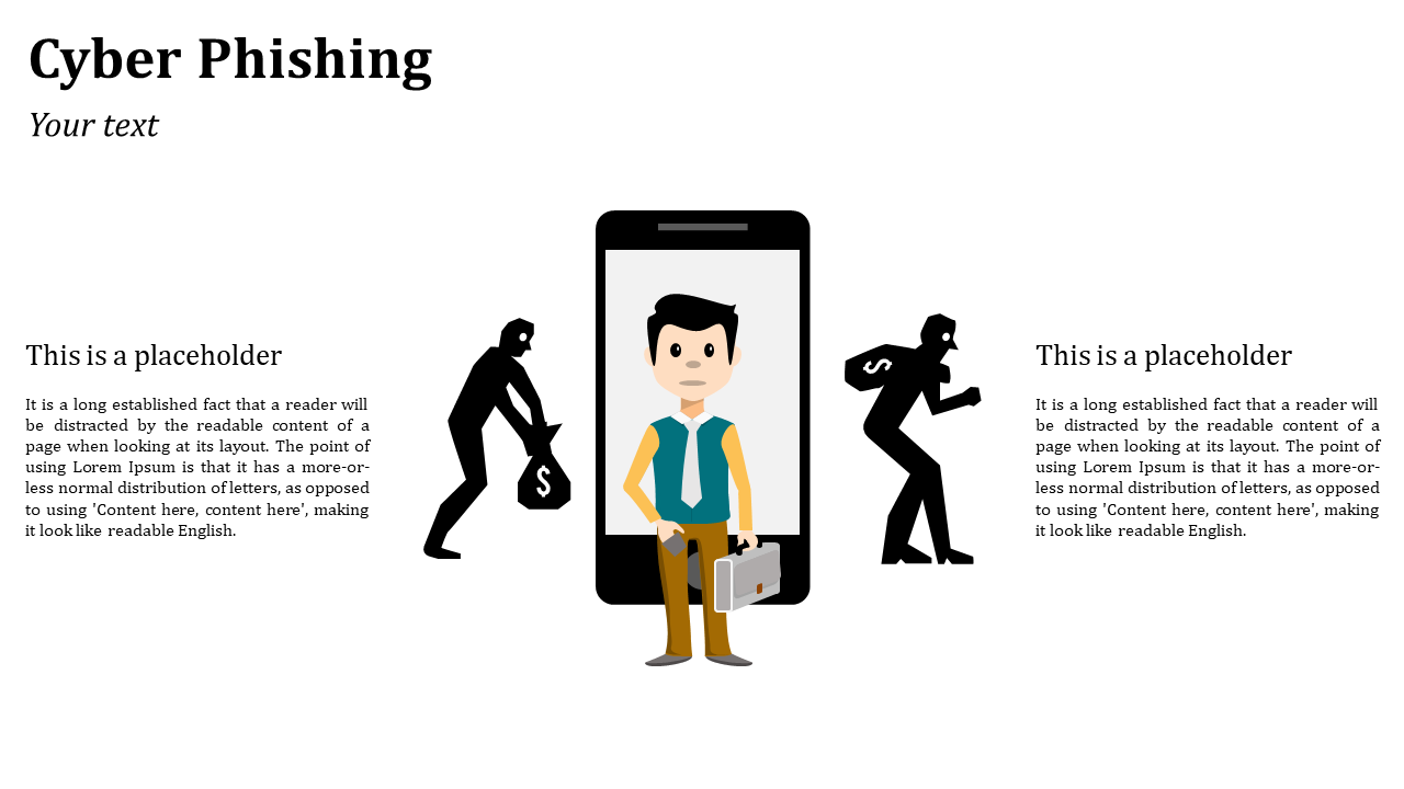 Central figure inside a phone flanked by dark thief silhouettes holding money bags, with text blocks on both sides.