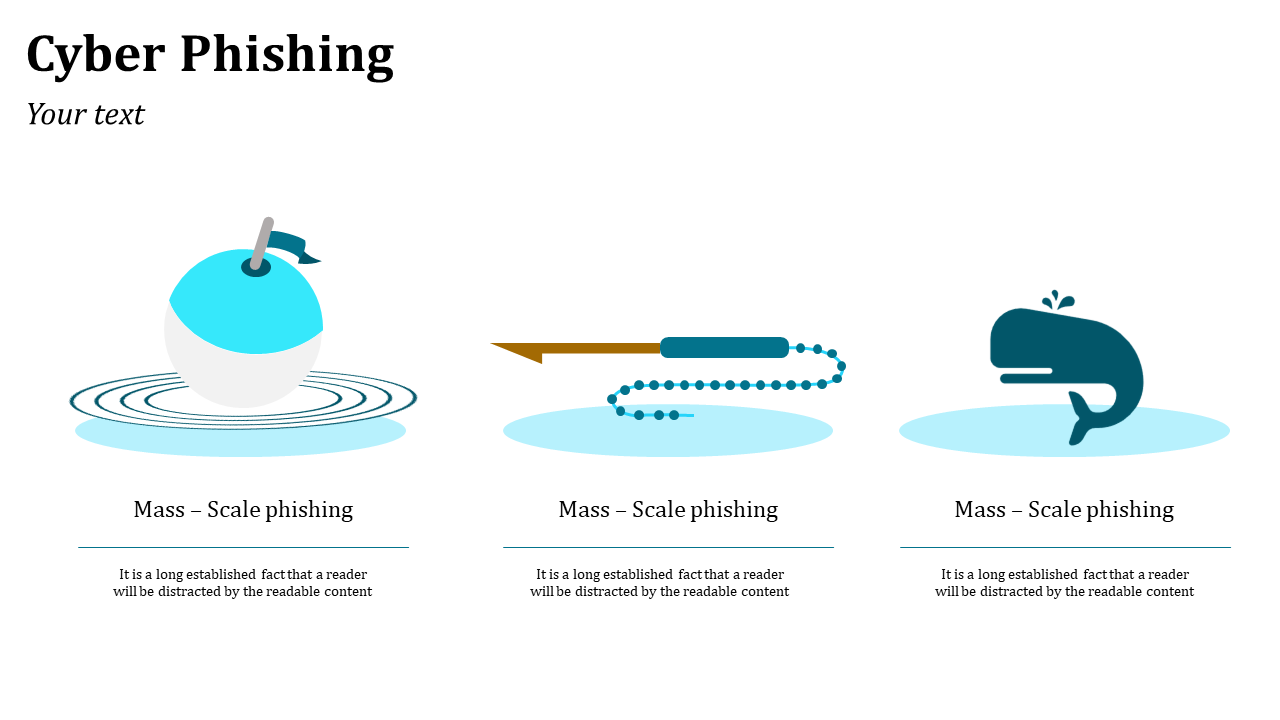 Horizontal design with circular bait, a fishing hook, and a whale icon, all in blue tones above descriptive text.