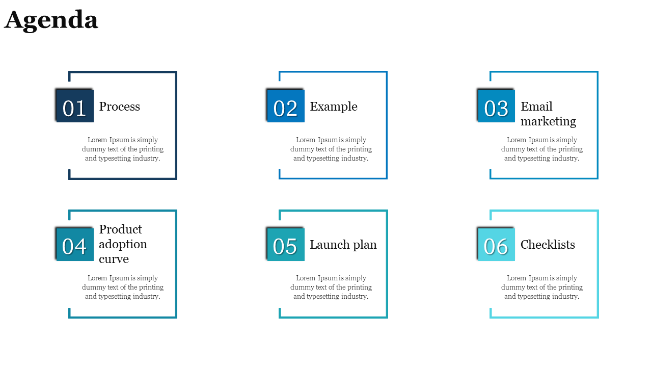 Agenda layout with six blue and teal squares, each containing a topic number and title, over a white background.