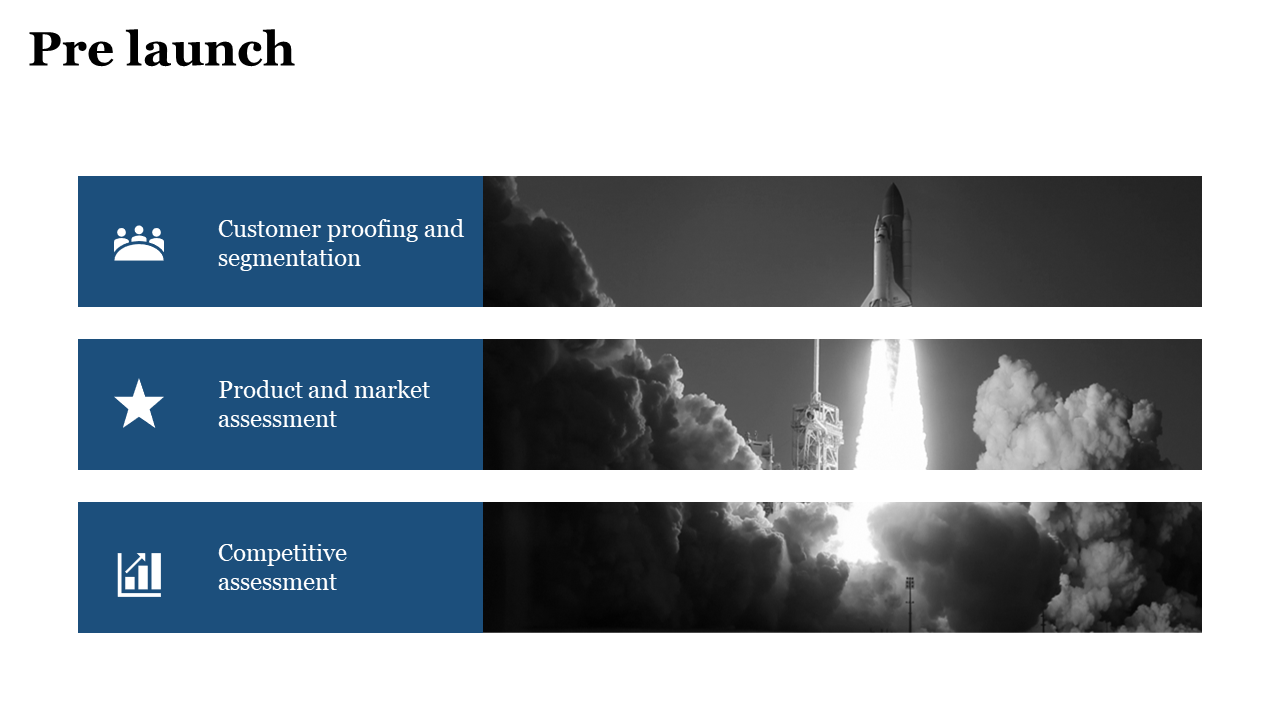 Dark blue left aligned rectangles with white icons, paired with black and white rocket imagery in horizontal bars.
