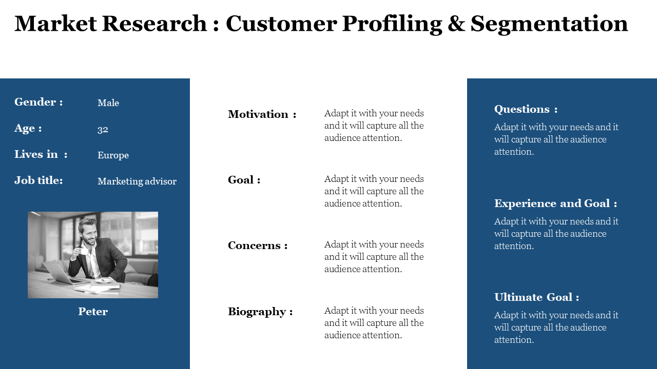 Blue and white themed layout with customer profile details including a photo, and segmented goals and concerns on the right.