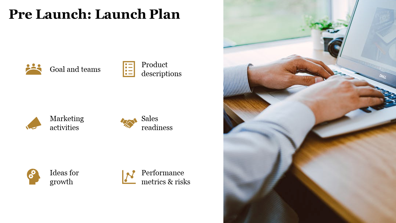 Slide with gold icons and text, paired with a person using a laptop on a wooden desk with plants, on the right.