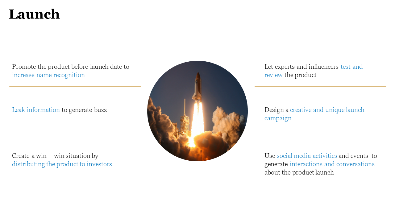 Space themed layout with a circular rocket launch photo in the center, surrounded by bullet points outlining key actions.