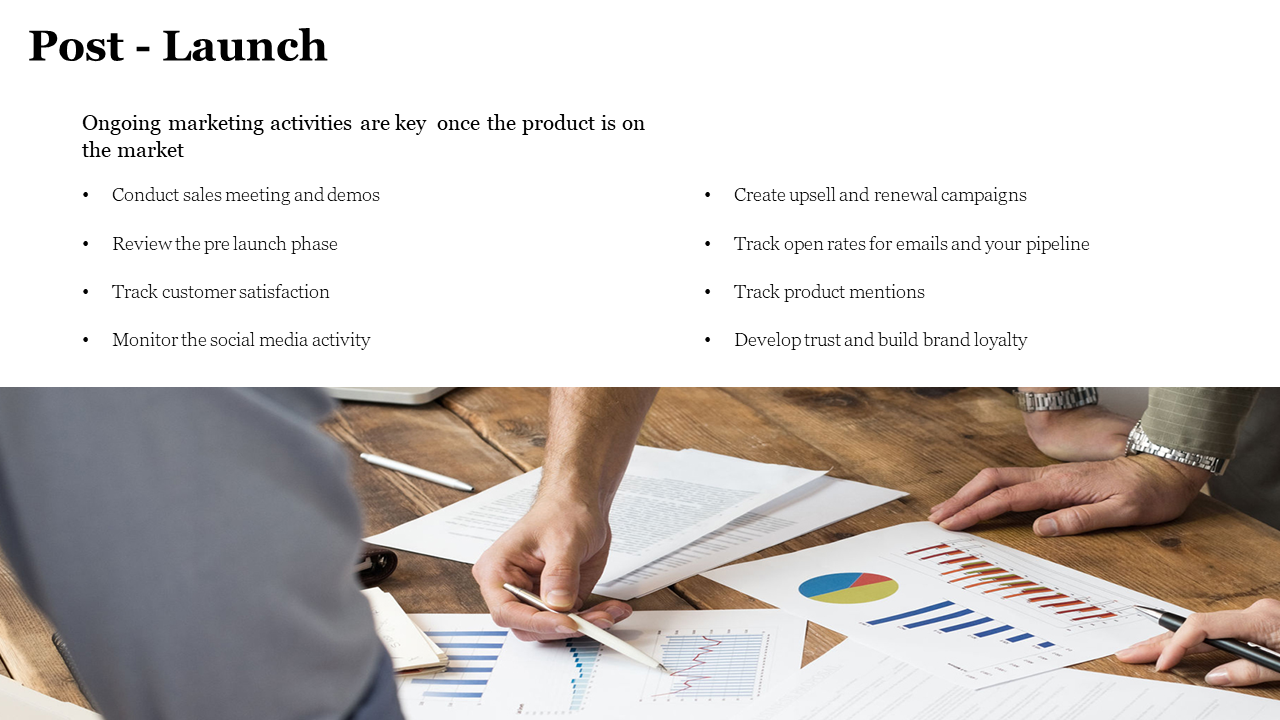 Close up of hands working on charts and graphs on a wooden desk with text overlaid on the top white section.