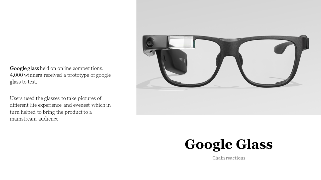Slide featuring a black framed Google Glass on right, and text content on a clean white background on the left.