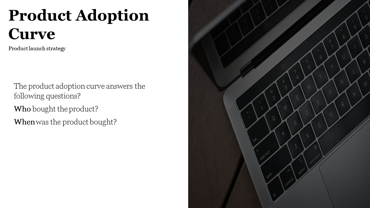 Split layout with white left half for text and dark photo of laptop keyboard on the right, using monochrome tones.