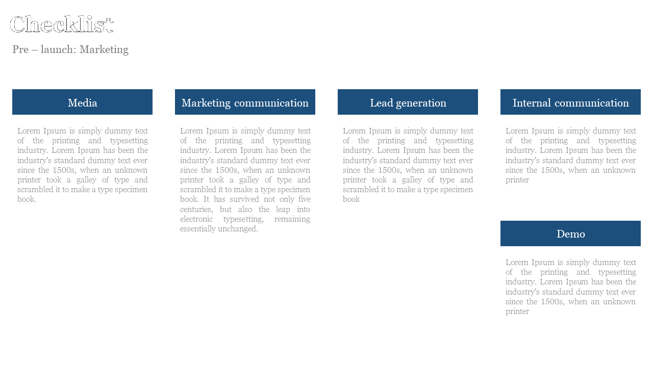White background with five blue rectangular headers in a grid, each above a block of gray text in vertical alignment.