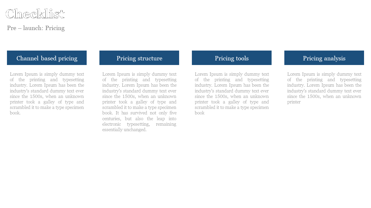 Grid layout with four navy blue rectangular titles for pricing categories and gray text in white boxes below.