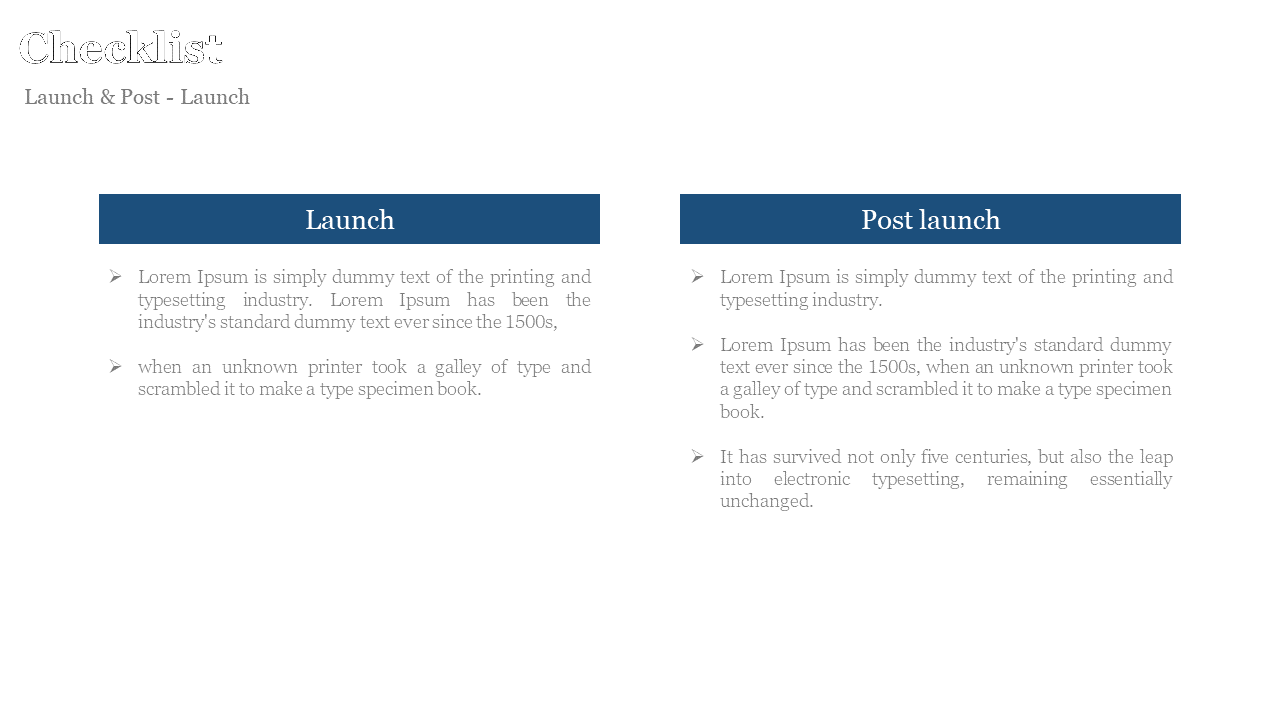 Two column checklist slide with left and right aligned navy blue headers and bullet points on a white background.