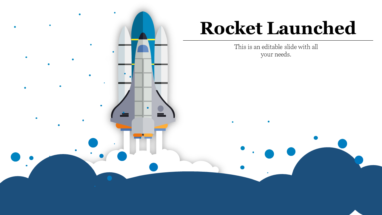 Centered rocket illustration with blue smoke clouds and dotted particles, on clean white background and right aligned title.