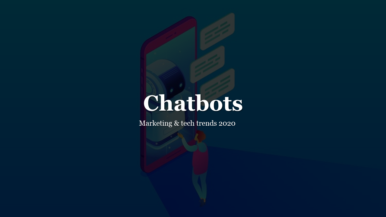 Illustration of a person using a smartphone to communicate with chatbots, with bold title, set on a gradient background.