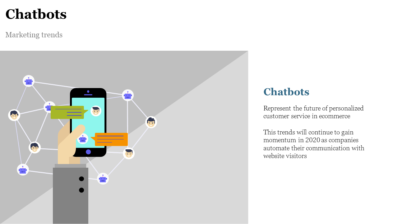 Hand holding a smartphone with chatbot interactions, surrounded by icons of people and robots connected in a network.