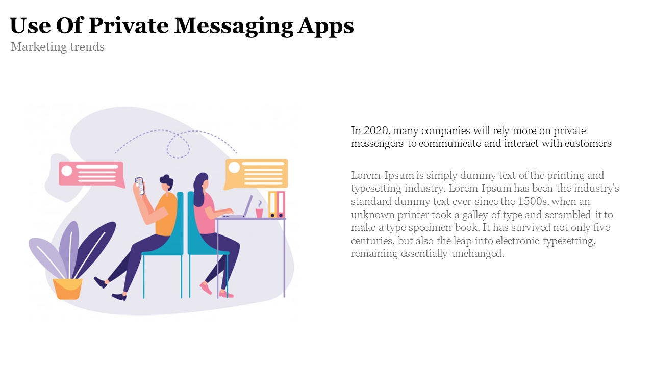 Illustration of two people interacting through messaging apps, one with a smartphone and the other with a laptop.
