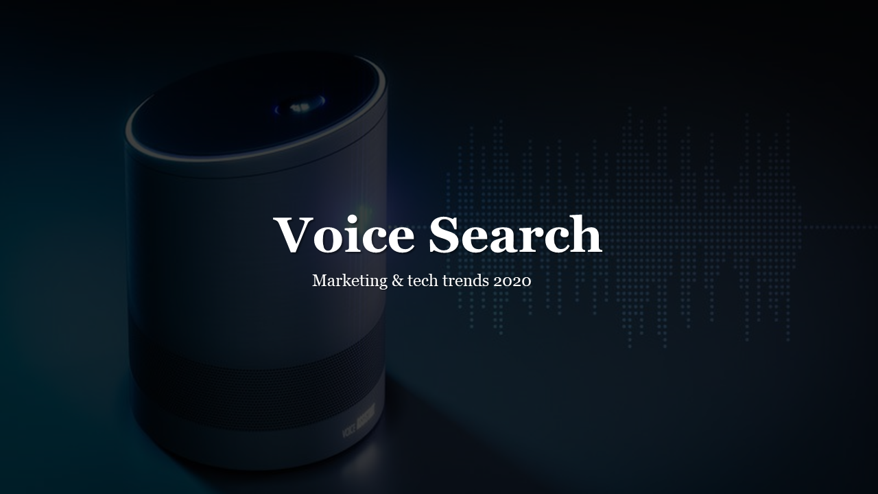 Close up of a voice assistant device with a soundwave visual and large white text at the center, set against a dark backdrop.
