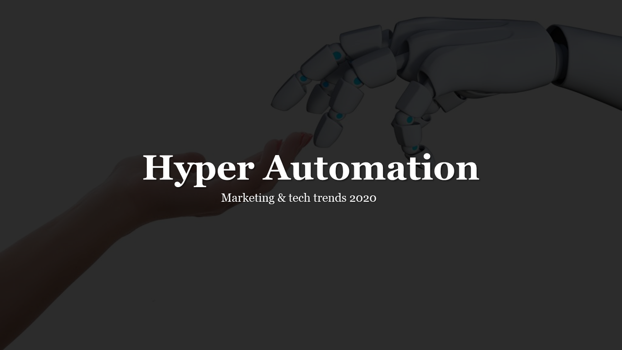 Slide featuring a human hand reaching out to a robotic hand, with bold white title, over a dark background.