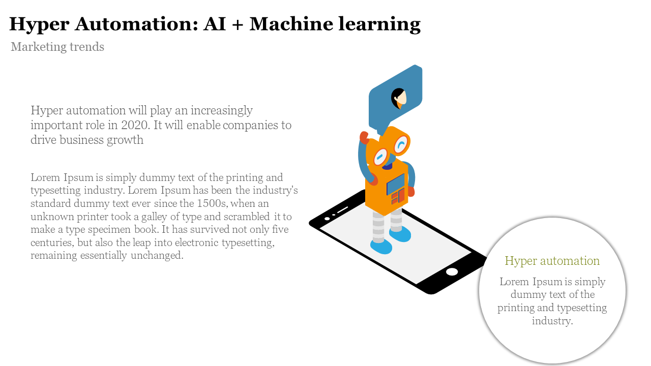 Hyper automation slide with a robot illustration on a phone, and blue speech bubble floating above, with text on the left.