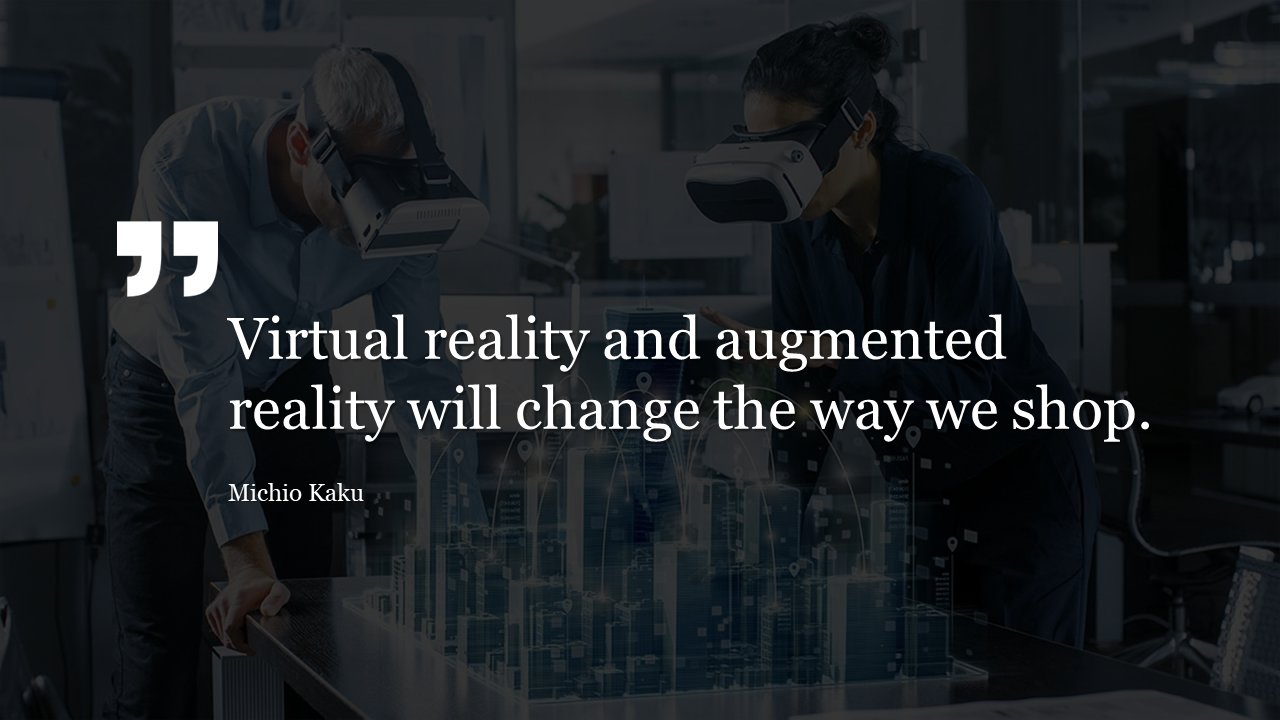 Dark themed slide with a quote at the center, featuring two people using VR headsets in a futuristic office environment.