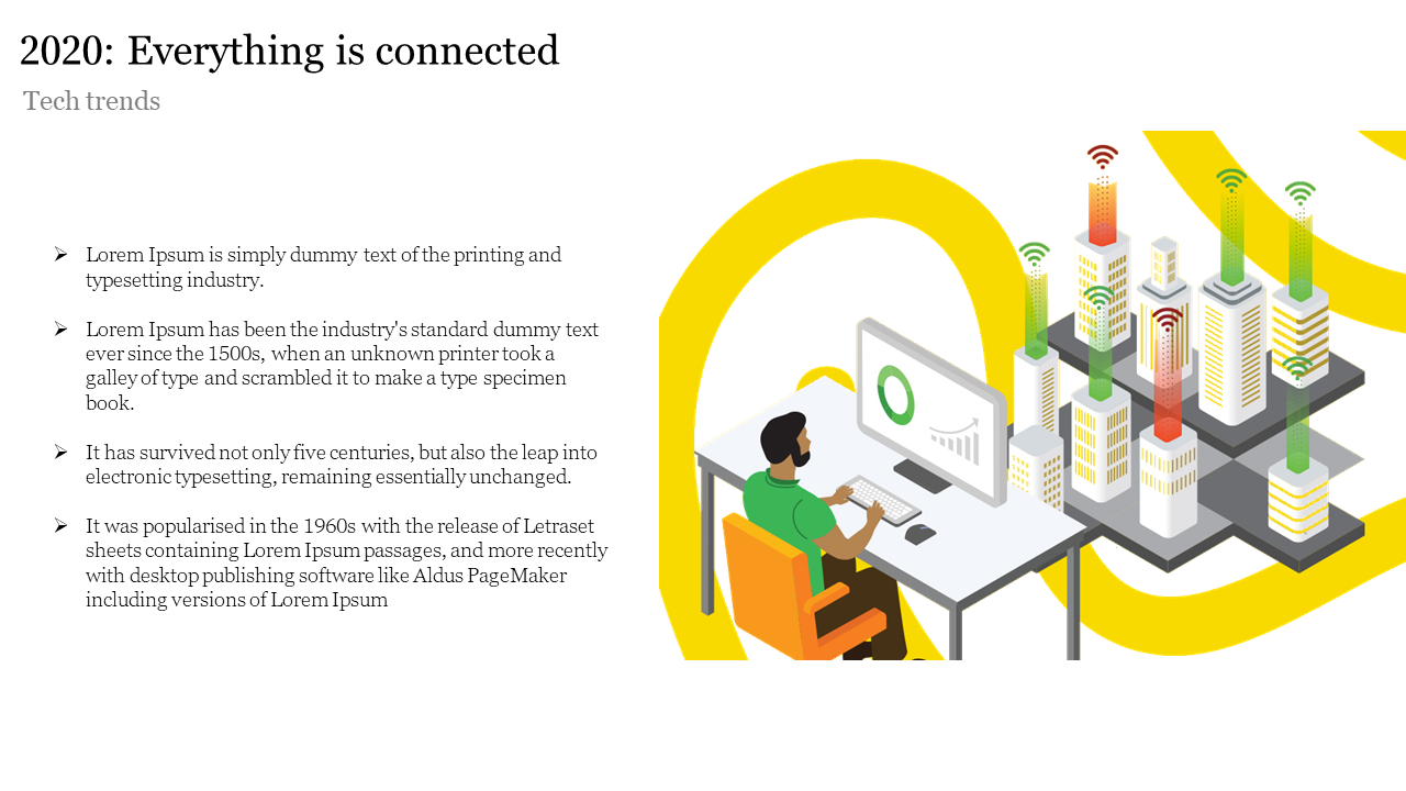 Illustration of a person working at a desk with a city skyline of buildings emitting signal waves and a yellow curved path.