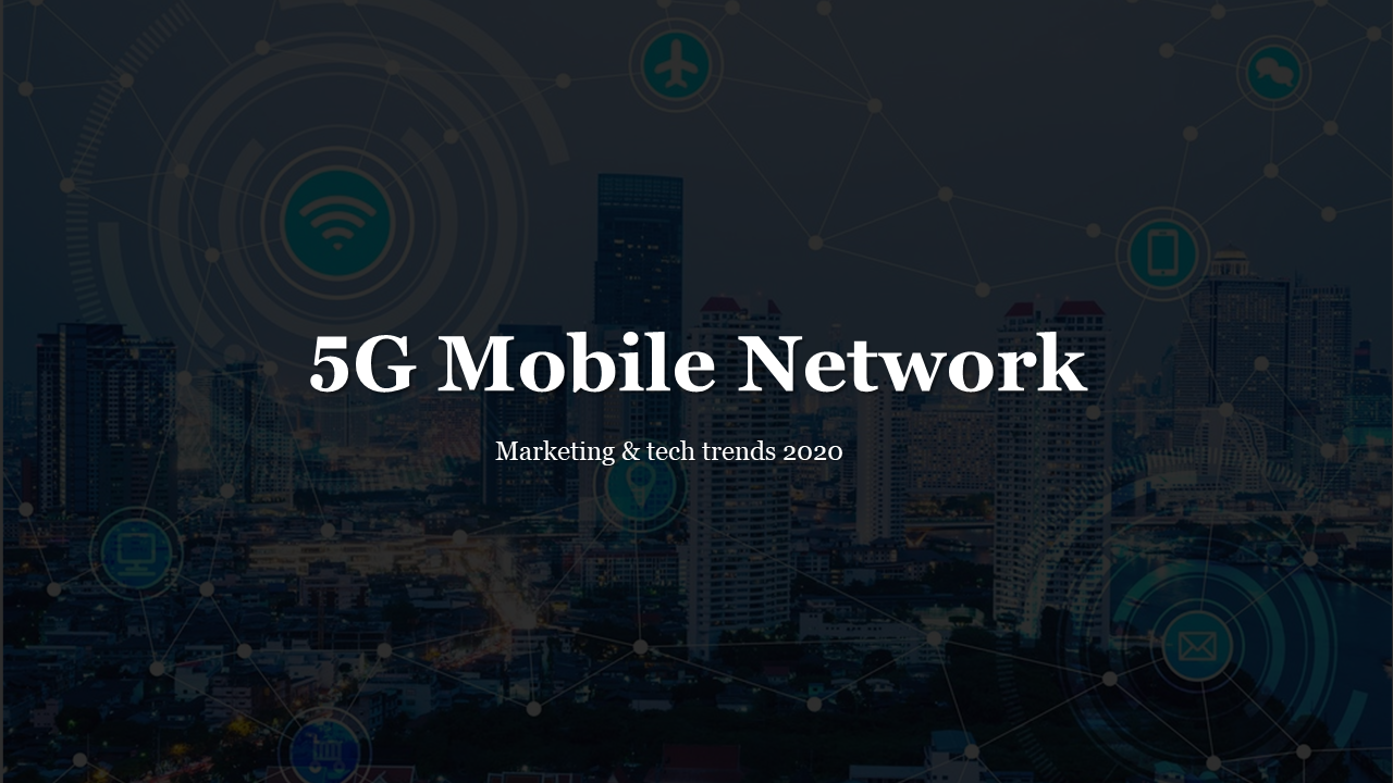 Dark themed city skyline with icons connected by lines, symbolizing 5G connectivity, overlaid by bold white title.