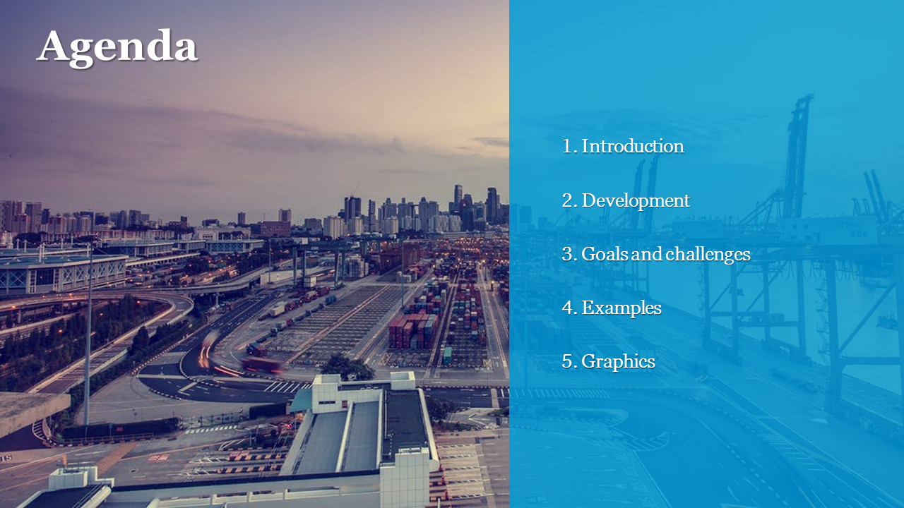Split slide with dusk city and logistics port view and a blue transparent panel showing five agenda items in white text.