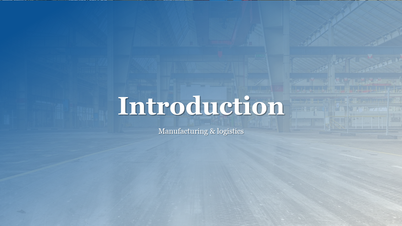 Wide industrial hall interior in the background with a blue gradient overlay and centered bold white title.