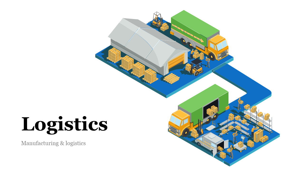 Blue logistics platform featuring green trucks with yellow stacked boxes and animated workers beside black text on left.