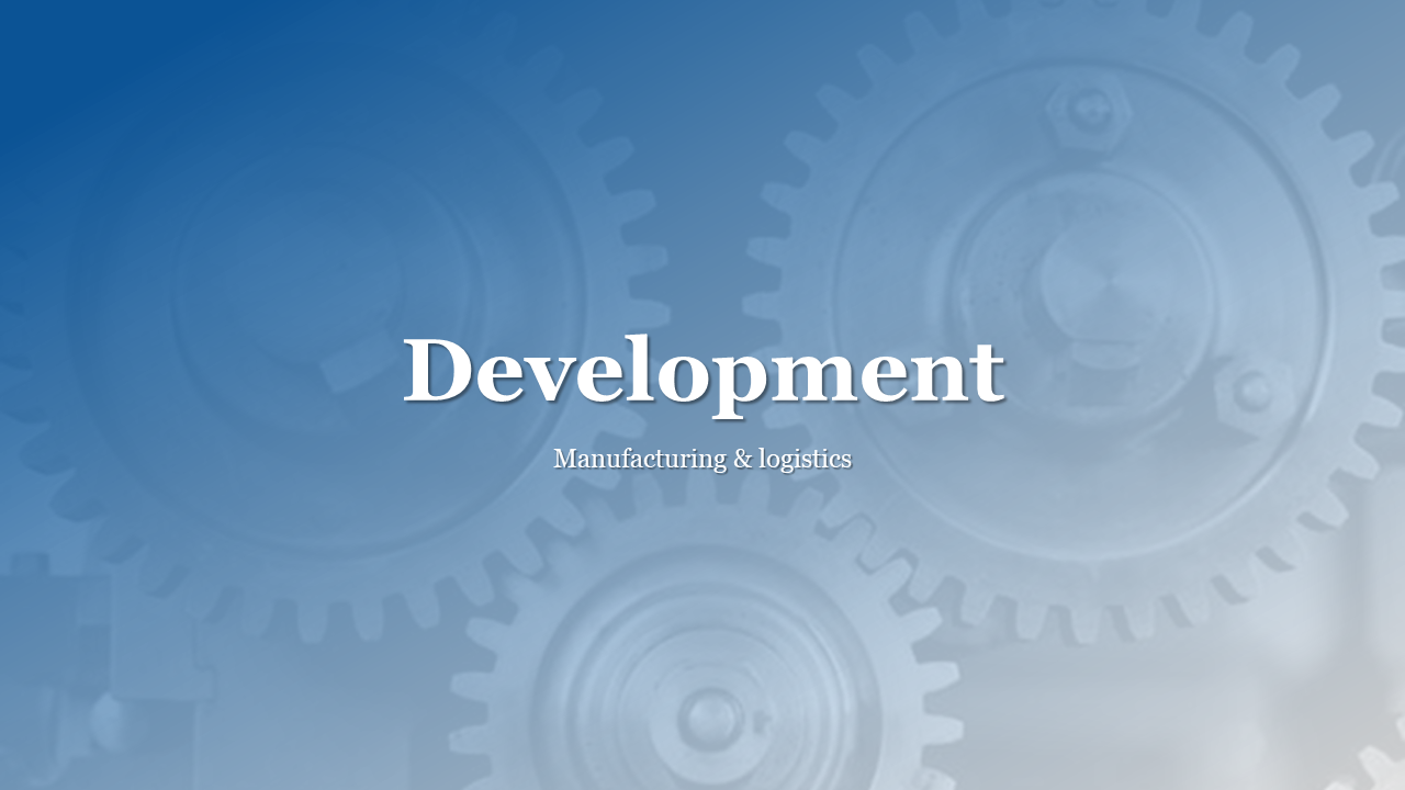 Gradient blue toned slide with large gear outlines in the background and bold white heading in the center.