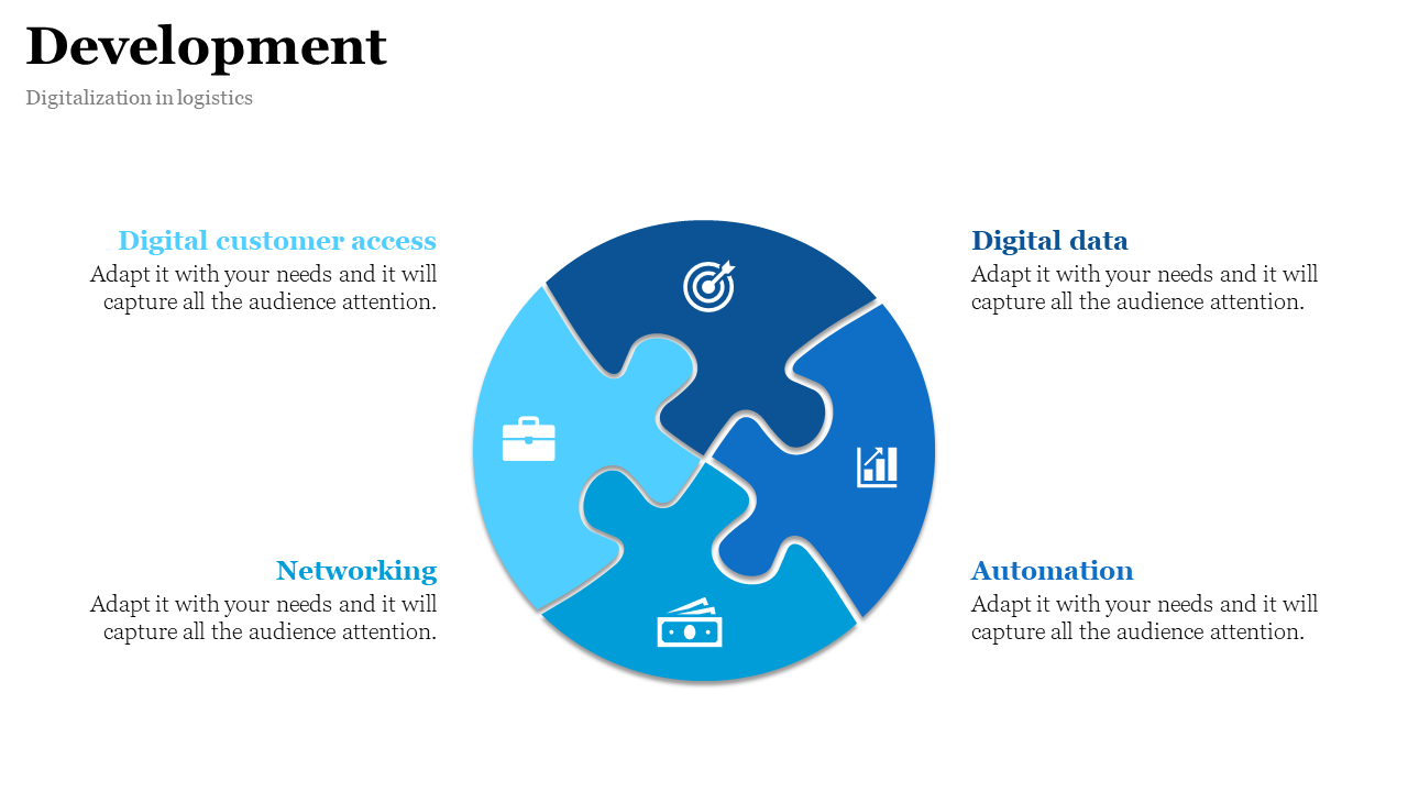 Circular four piece  puzzle diagram with icons, surrounded by text and titles in varying blue tones, on a white background.