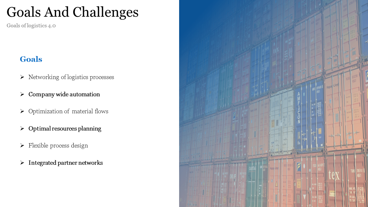 Slide with a blue gradient background and a shipping container image on the right, and text in bullet points on th left.