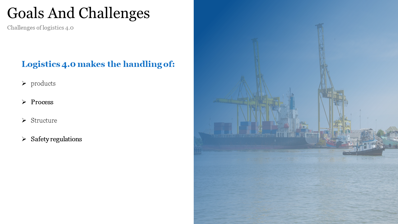 Slide with a blue gradient background and an image of a harbor with cranes text bullet points on the left white space.
