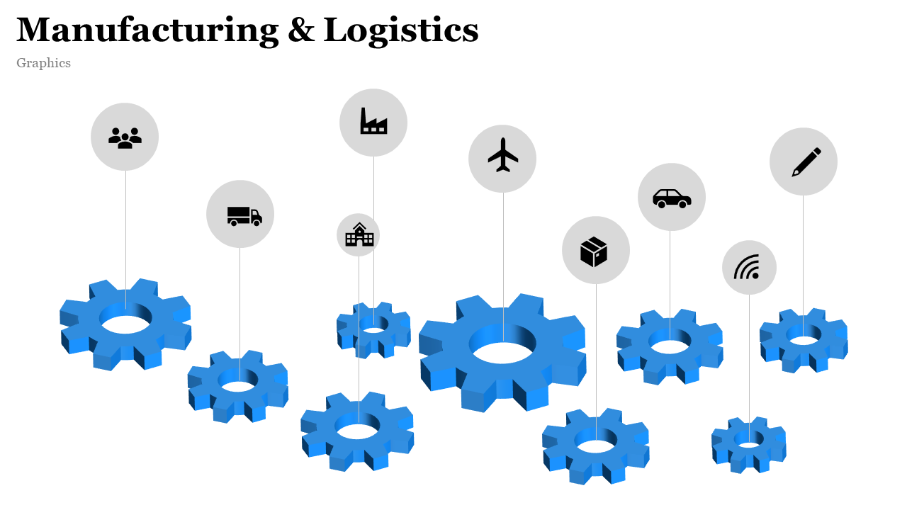 Slide showing set of blue gears with floating gray icons representing logistics, transportation, and manufacturing elements.
