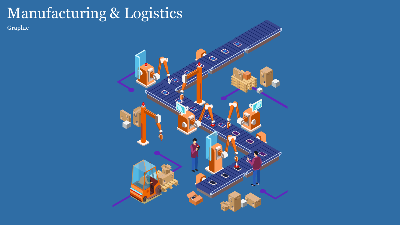 Illustrated manufacturing and logistics scene featuring robots, workers, and a forklift on a conveyor system in a blue theme.