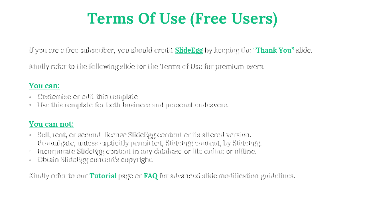 White slide with green header for free user terms of use, showing allowed and restricted actions in bullet points.
