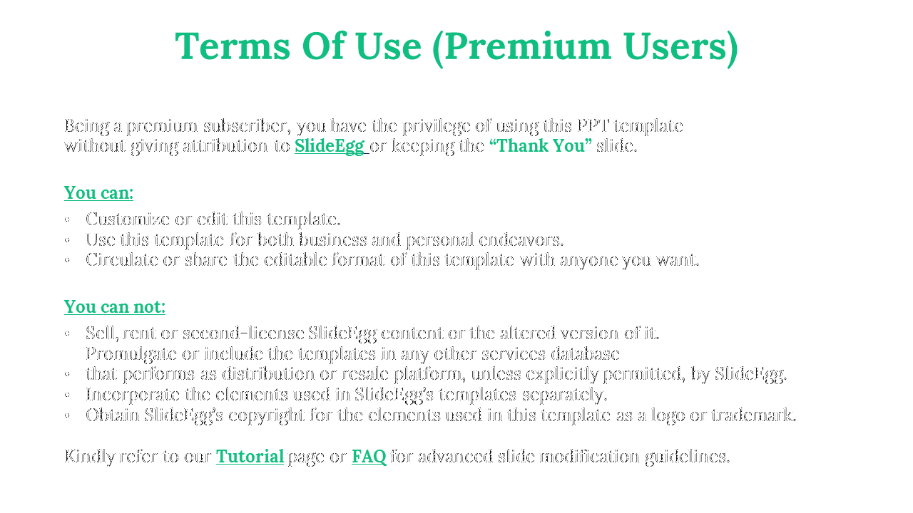 White slide with green headers detailing premium user terms of use, including can and can not for a template.