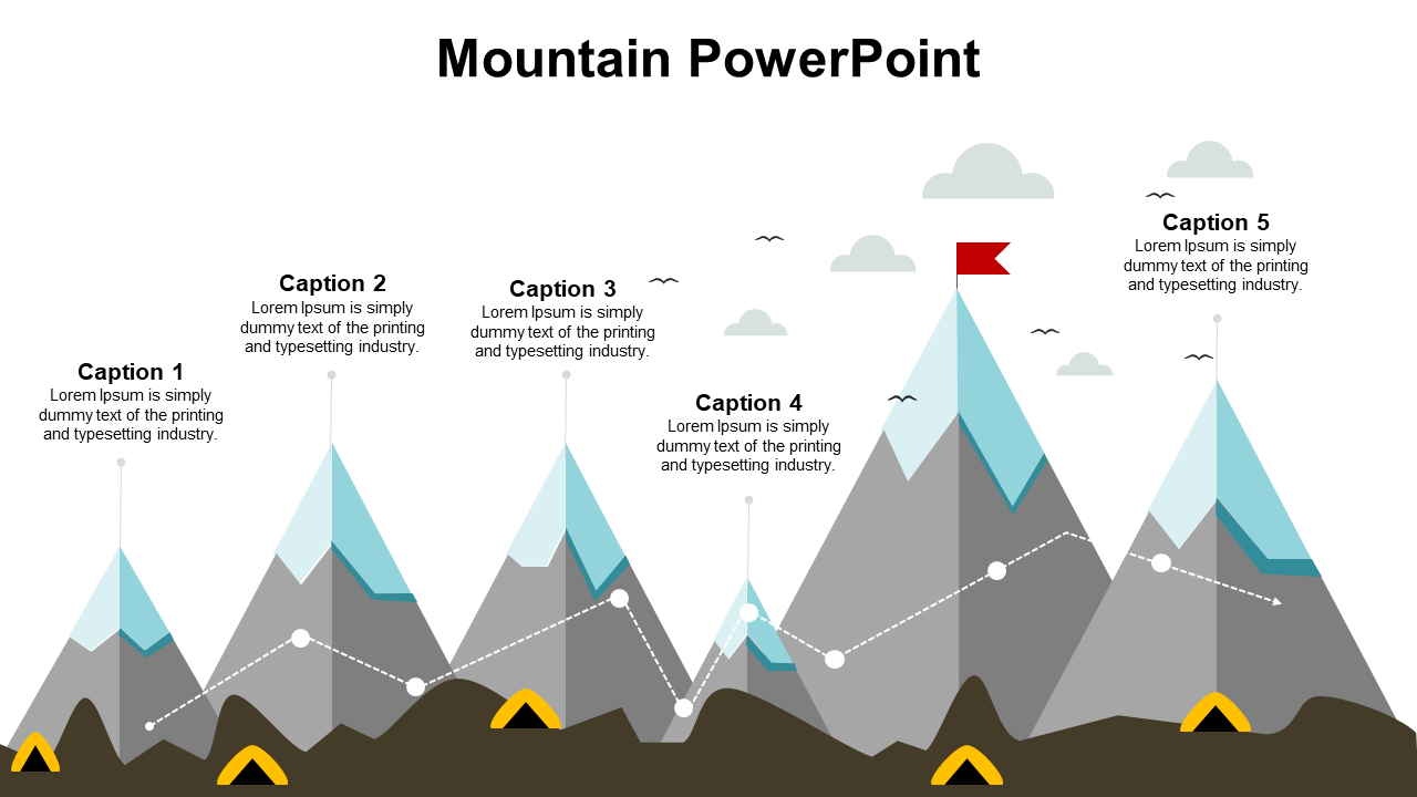 Gray mountain layers with snowcaps, dotted white progress line, ending in red flag at highest peak.