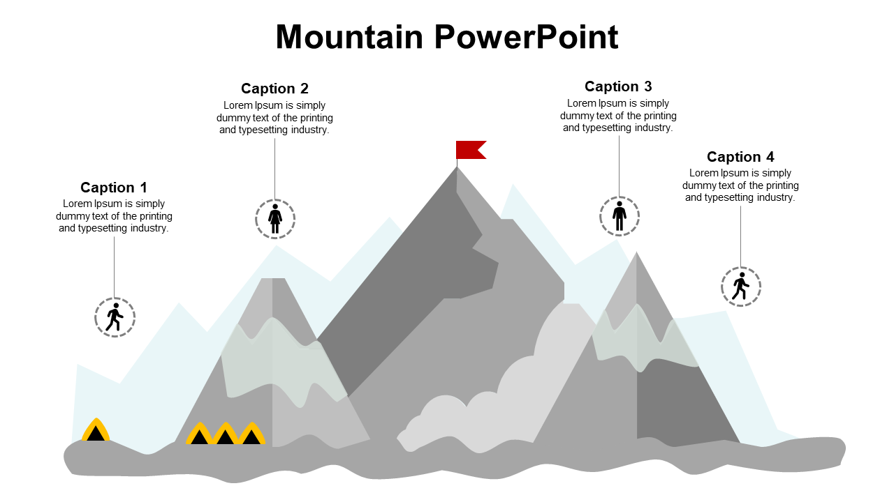 Gray mountain diagram with red flag at peak, four caption icons with dashed circles, and yellow triangular tents at base.