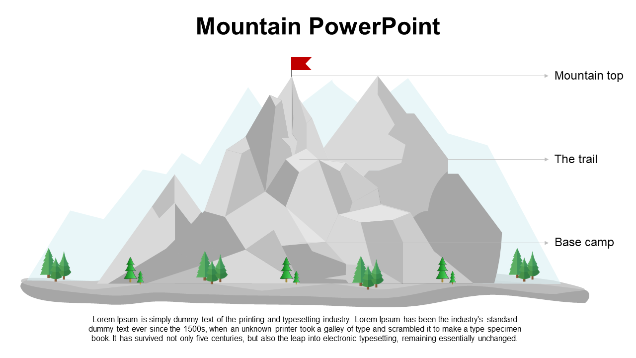 Gray mountain illustration with geometric shapes, green trees at the bottom, and a red flag at the peak showing progress.