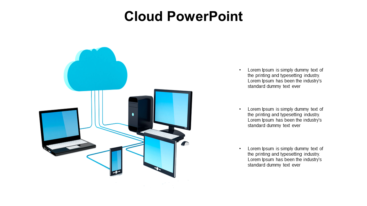 Cloud icon connected by lines to a laptop, desktop, and phone, each displaying blue screens, all on a white backdrop.