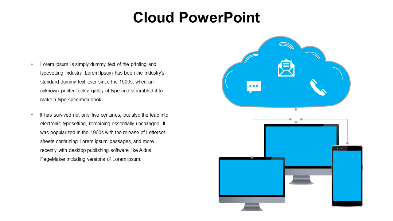 Blue cloud icon with chat, email, and phone symbols connected by lines to two monitors and a smartphone on the right.