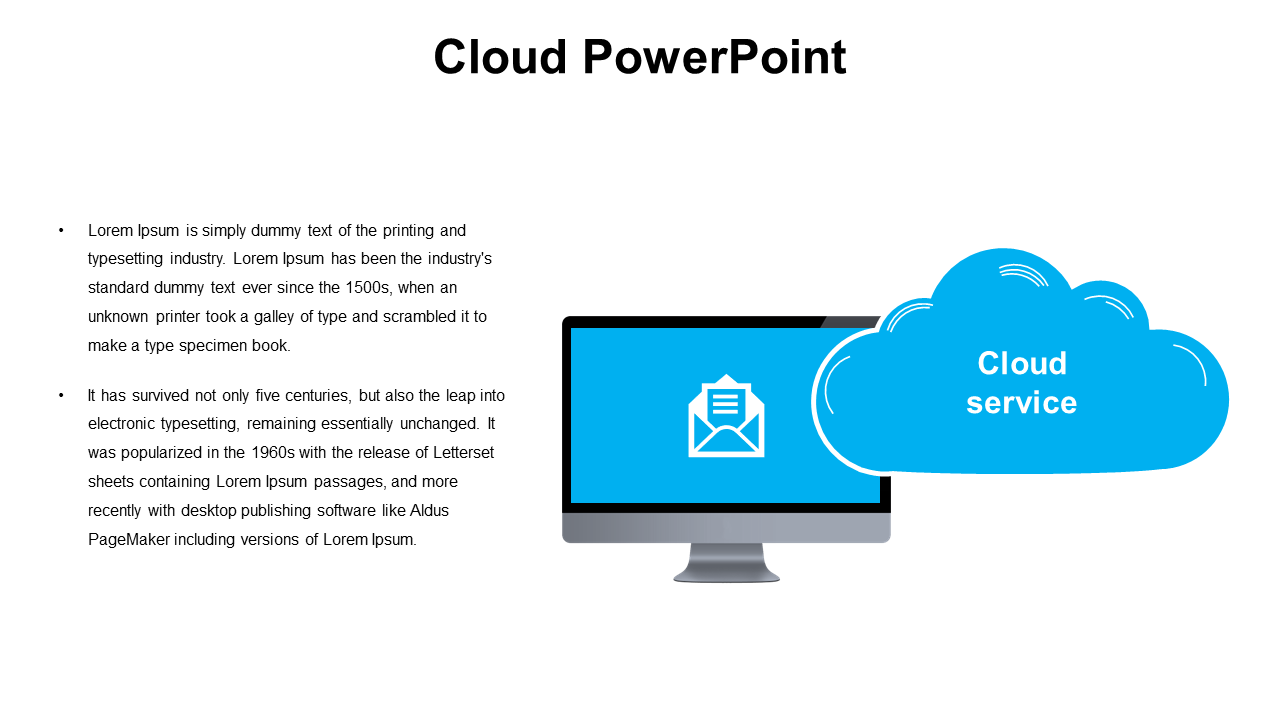 Large cloud in bright blue overlaps a gray computer monitor and text aligned on the left, against a white background.