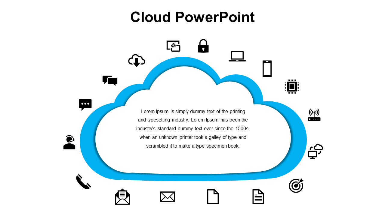 Large blue cloud outline centered with black tech icons circling around and text inside, on a white background.