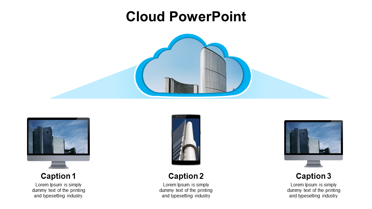 Blue cloud shape at top, connected to three devices below showing building photos and captions below, on white background.