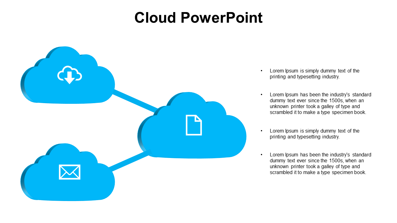 Three connected blue cloud icons with document, download, and mail symbols, and text bullets on the right.