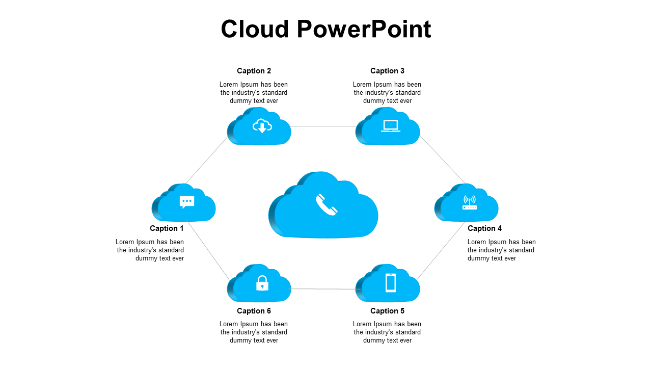 Hexagonal layout of six blue cloud icons with white symbols, arranged around a central large phone cloud.