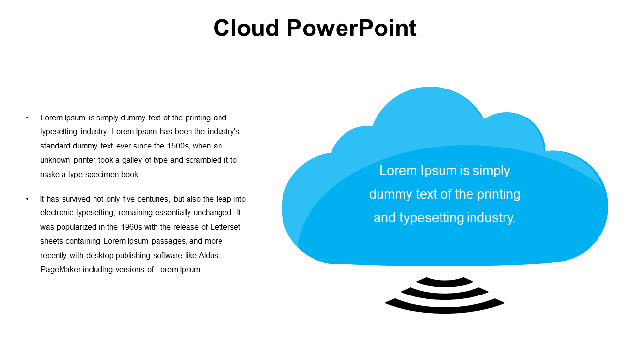 Blue cloud shape on right with white text inside, black signal icon below, and bullet text point on left.