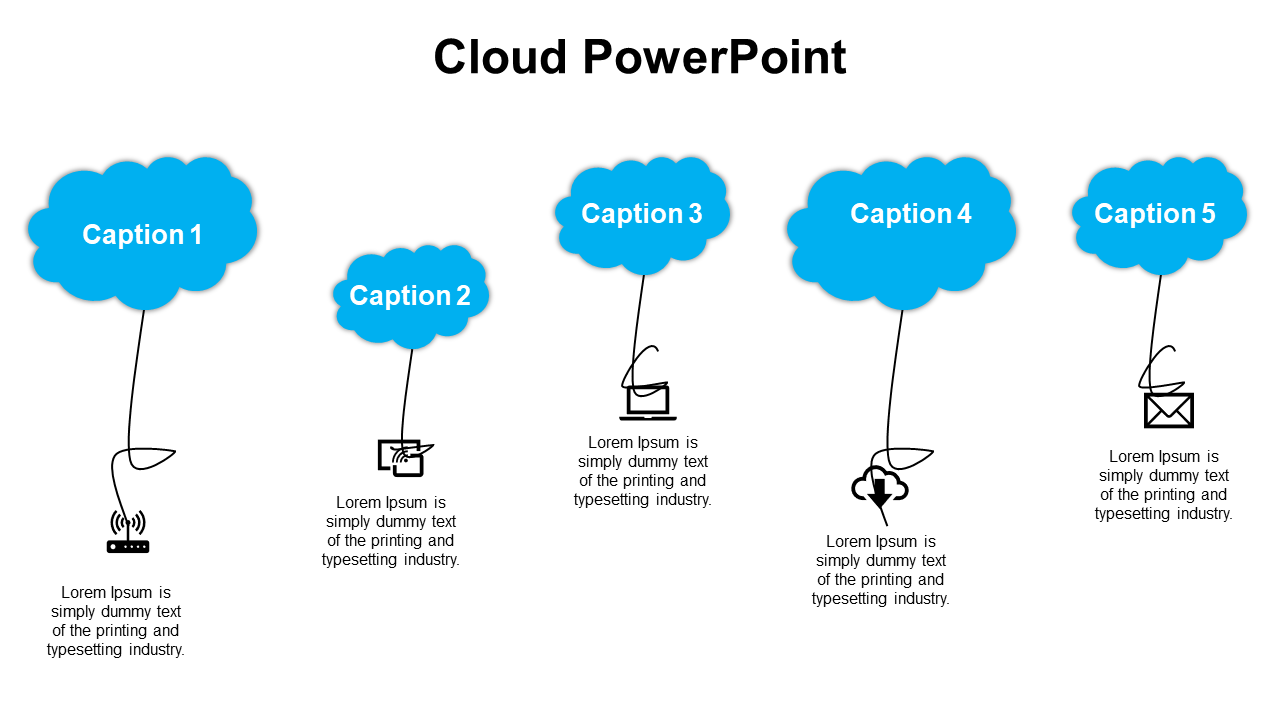 Five blue cloud shapes aligned horizontally, each connected by black lines to outlined tech icons below.