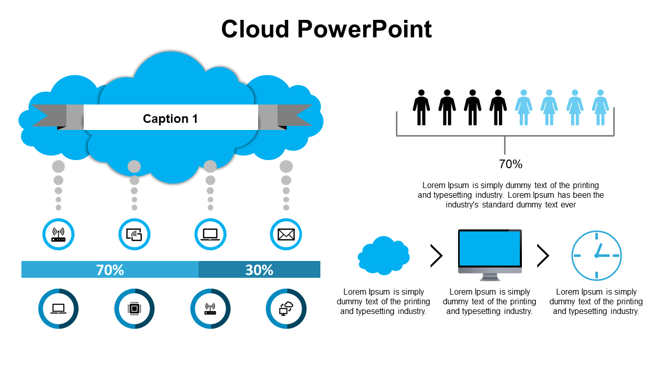 Blue cloud shapes centered with circular icons and progress bar below, and human figures in a clean layout on the right.
