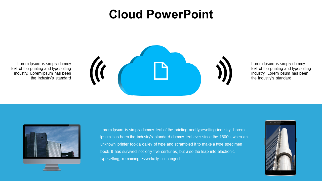 Split screen with cloud symbol at center top, surrounded by black signals, and a desktop and phone showing buildings below.